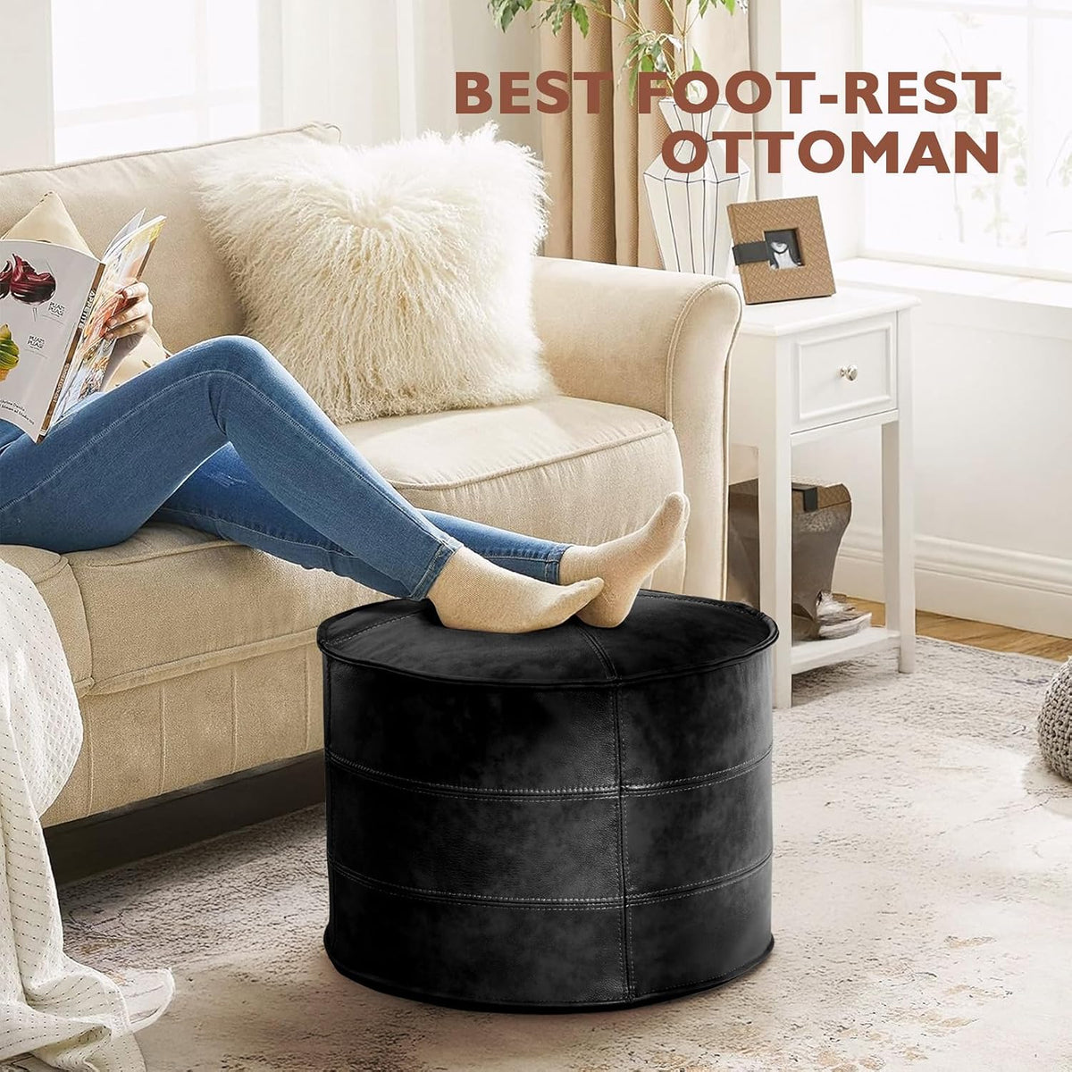 Leather Ottoman,Handmade Stuffed Square Ottoman,Genuine Leather Pouf, Foot Rest Pouf,Comfortable Soft Seating for Living Room & Bedroom (Black, Round)