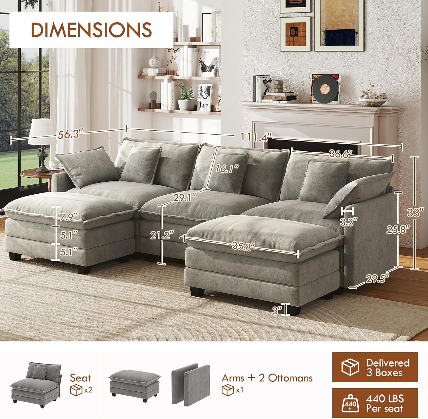 WorthFurni 111.4" Modular Sectional Sofa, U Shape Cloud Couch with 2 Movable Ottoman, Comfy Chenille Deep Seat Sofa with Soft Pillows for Living Room Bedroom Apartment (Grey)