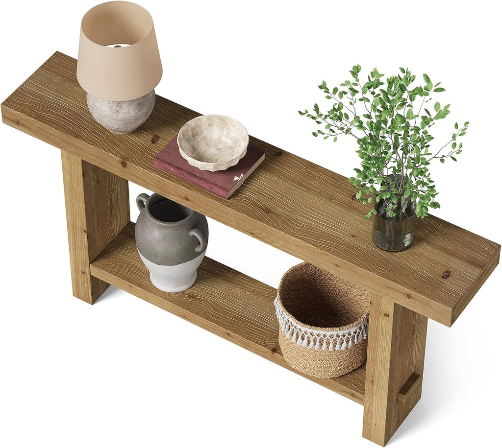 63-Inch Solid Wood Console Table, Narrow Farmhouse Entryway Table with 2-Tier Storage Shelf, for Hallway, Entrance, Living Room, Behind The Couch, Easy to Assemble, Brown