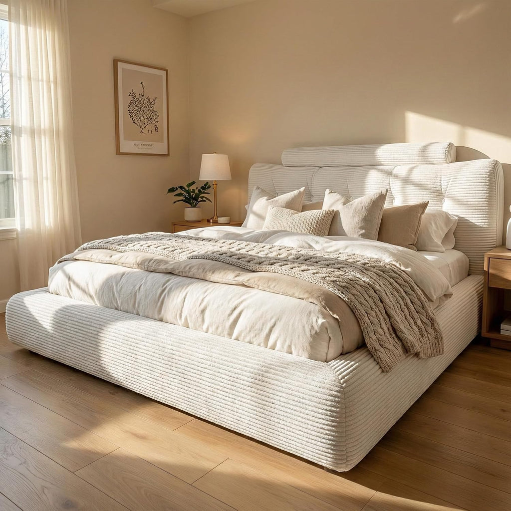 Homkdom Queen Cloud Bed Frame with 360 Cushioned Foam, White