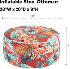 Outdoor/Indoor Inflatable Ottoman Pouf D20 xH9, All Weather Round Footstool with Handle, Water Repellent Portable Footrest for Patio Garden Camping Travel-Chili Red Floral