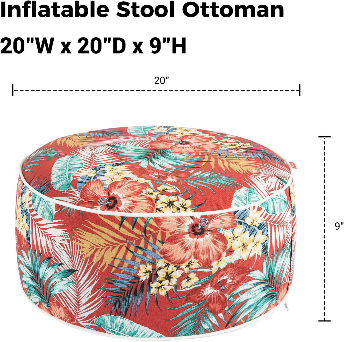 Outdoor/Indoor Inflatable Ottoman Pouf D20 xH9, All Weather Round Footstool with Handle, Water Repellent Portable Footrest for Patio Garden Camping Travel-Chili Red Floral
