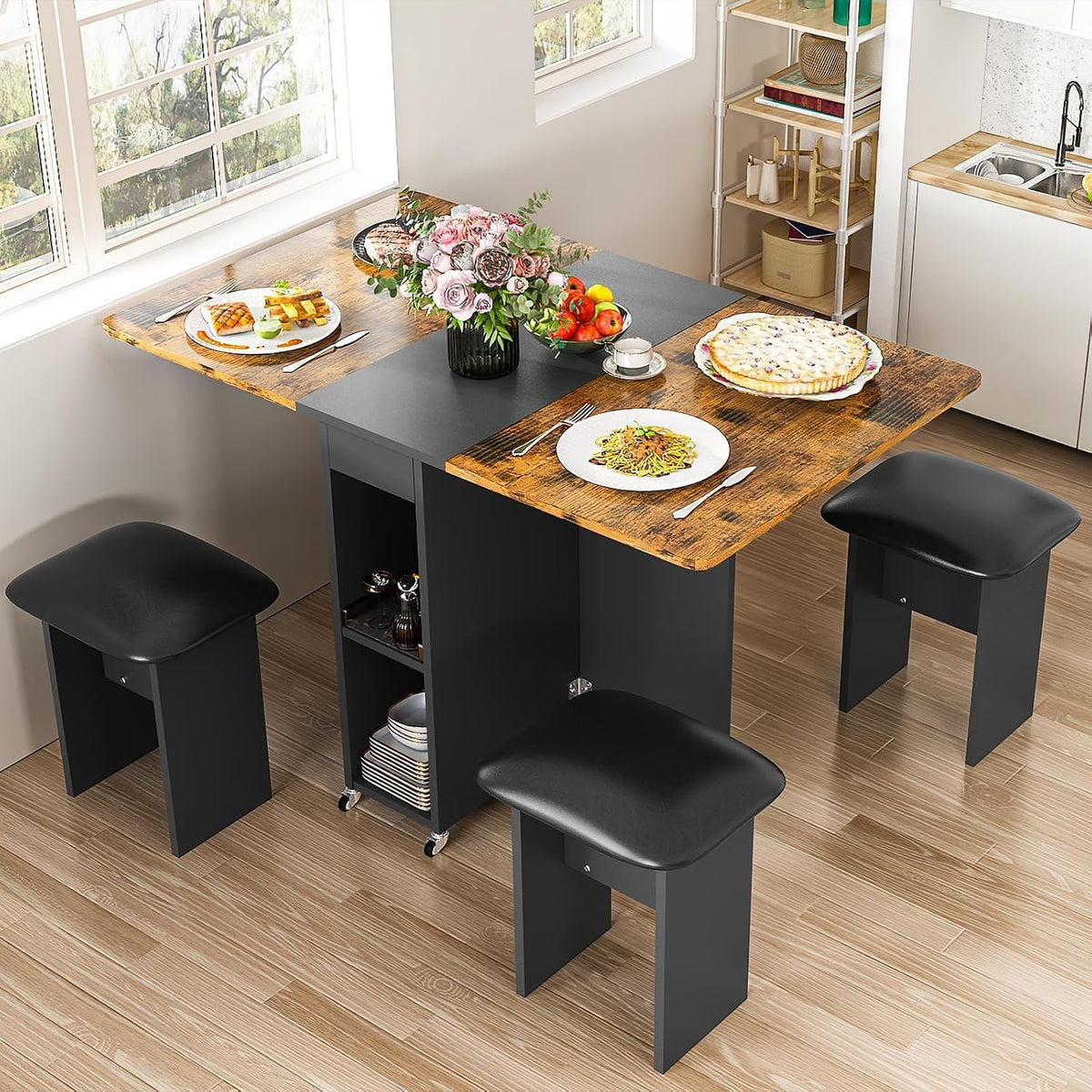 furlinkhm Folding Dining Table Set for 4, Dinner Table with 4 Leather Chairs and Shelves, Space Saving Foldable Dining Table with 6 Wheels, Kitchen Table for Small Spaces, Walnut