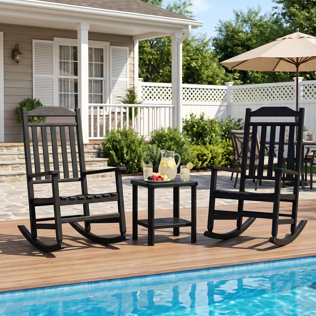 Outdoor Rocking Chairs Set of 2 with Outdoor Side Table, Oversized Ergonomic Front Porch Chairs Set of 2, Small Outdoor Table, All Weather Resistant Furniture for for Lawn, Garden, Patio, Deck