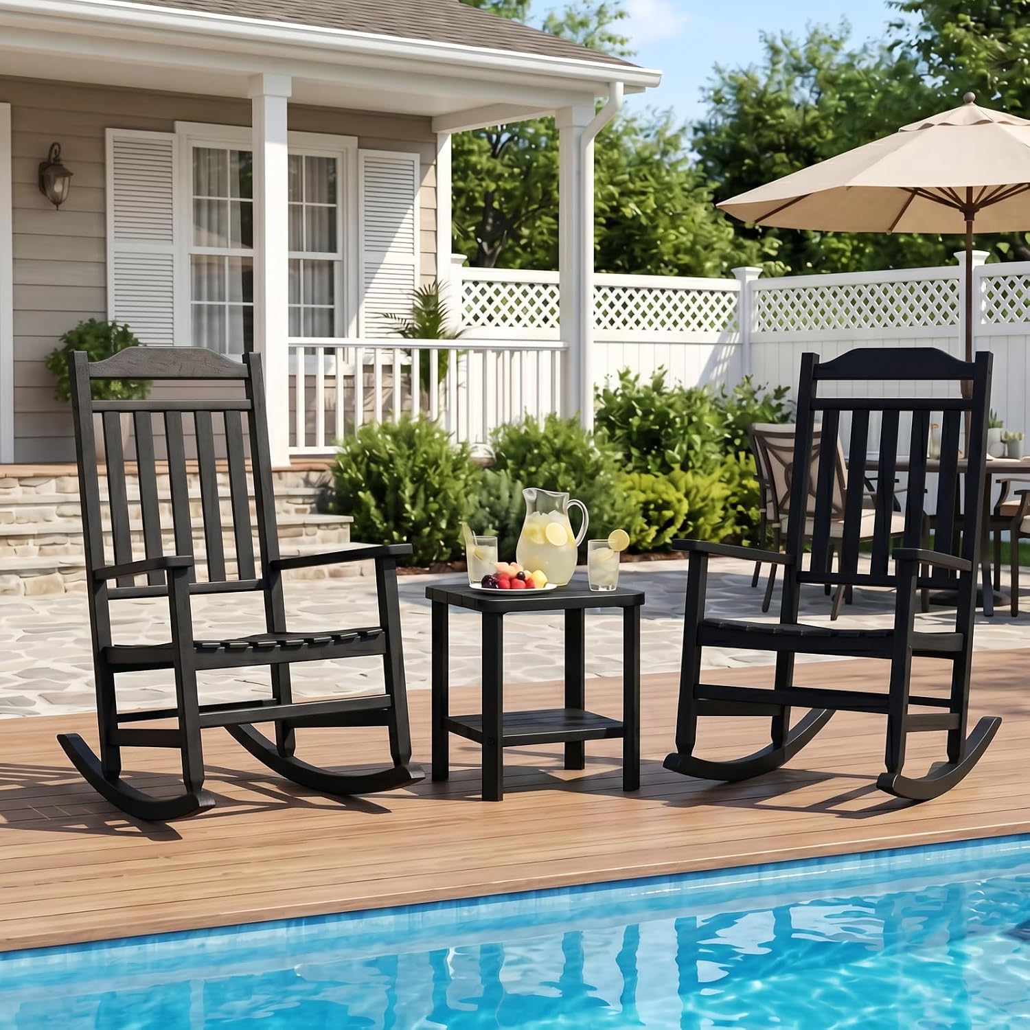 Outdoor Rocking Chairs Set of 2 with Outdoor Side Table, Oversized Ergonomic Front Porch Chairs Set of 2, Small Outdoor Table, All Weather Resistant Furniture for for Lawn, Garden, Patio, Deck