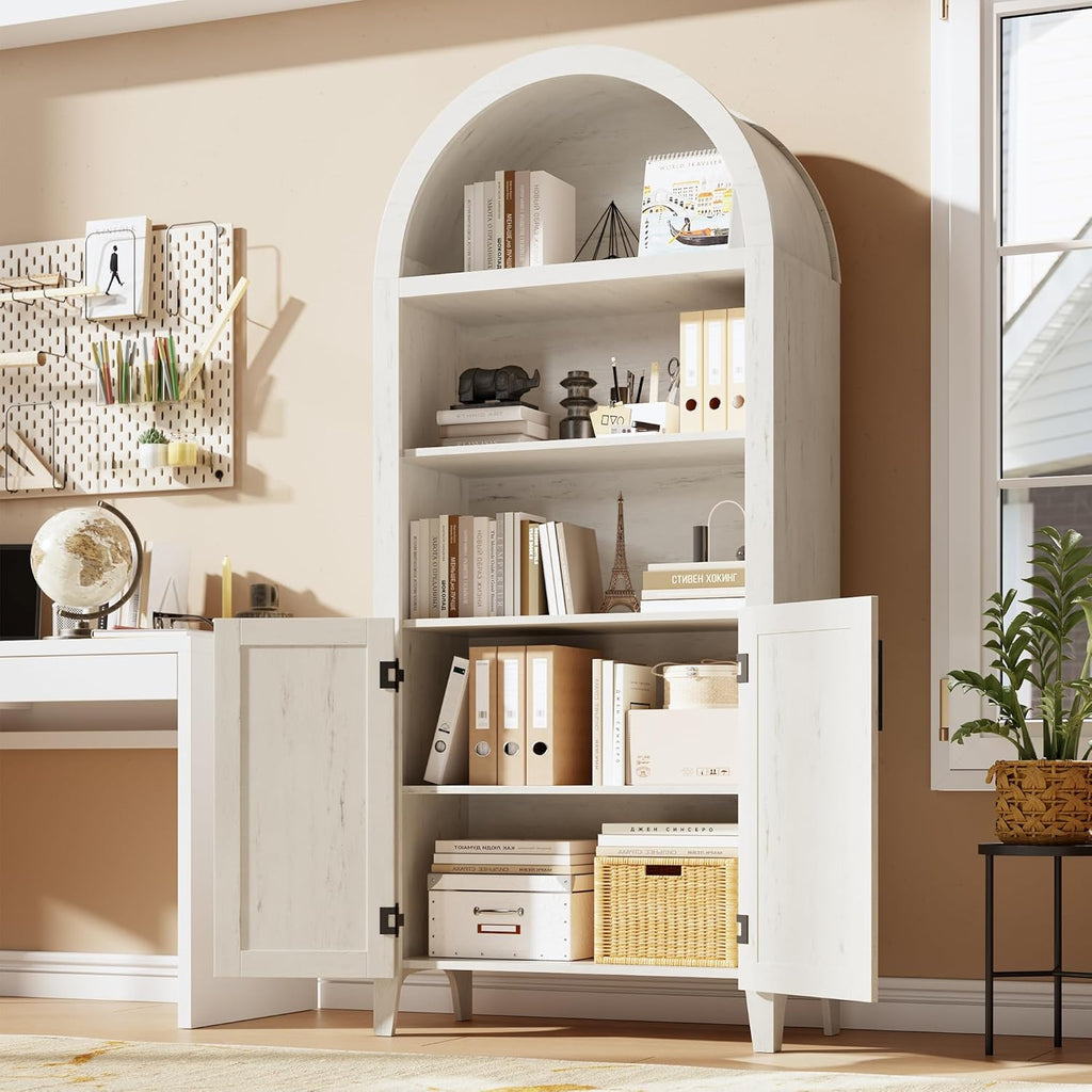 Garvee Arched Cabinet with Doors, 5-Tier Kitchen Pantry Cabinet with Adjustable Shelves, Wooden Open Farmhouse Storage Organizer for Kitchen, Dining Room, Living Room, Home Office, White