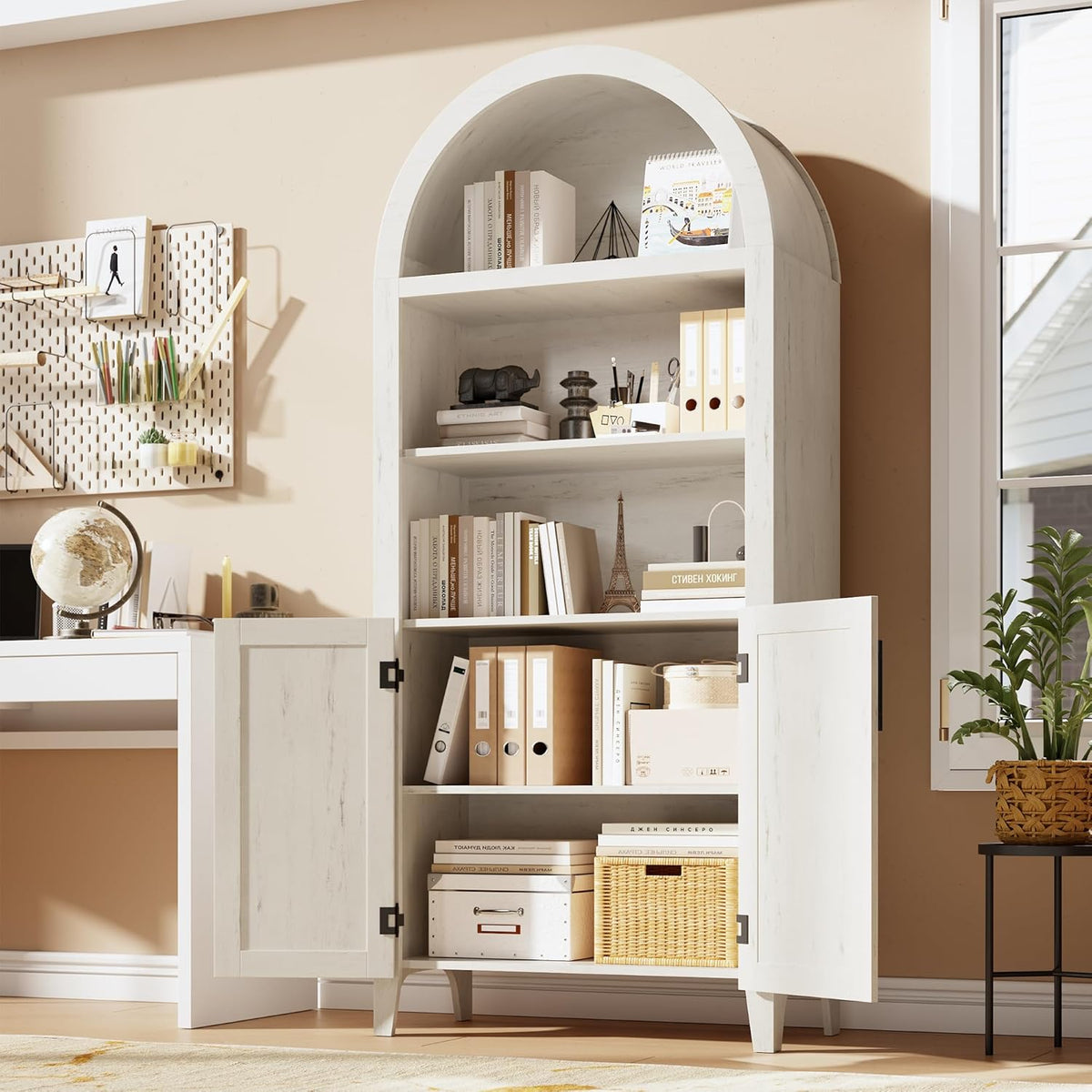 Garvee Arched Cabinet with Doors, 5-Tier Kitchen Pantry Cabinet with Adjustable Shelves, Wooden Open Farmhouse Storage Organizer for Kitchen, Dining Room, Living Room, Home Office, White