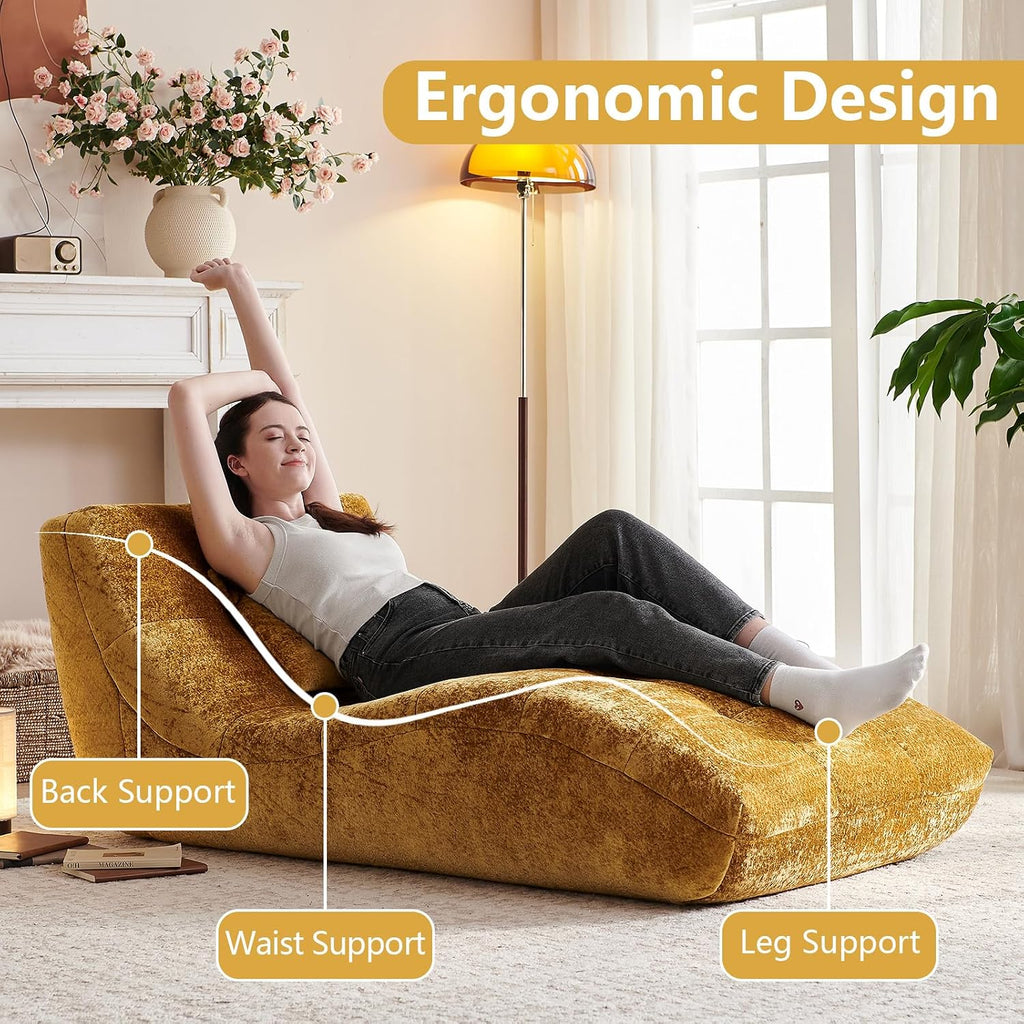 Chaise Lounge Chair with Curved Back, Modern Upholstered Recliner Sofa, Tufted Accent Lounger Comfortable Lazy Chair for Bedroom, Apartment (Yellow)