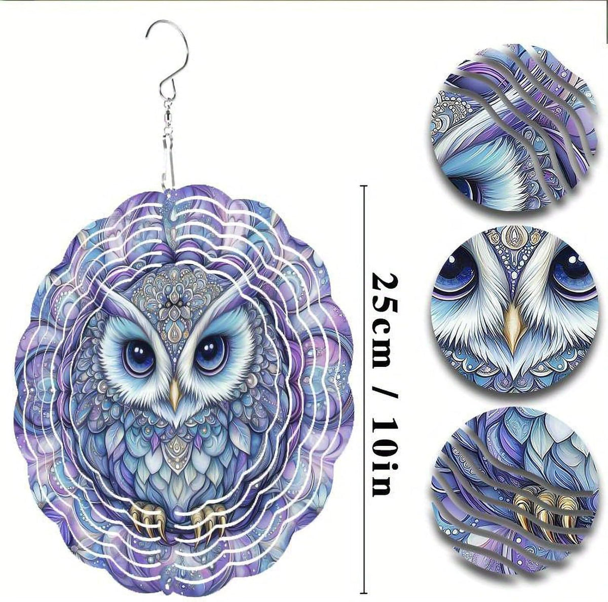 10 Inch Owl Wind Spinner, 3D Stainless Steel Hanging Kinetic Wind Sculpture Gifts for Garden Decor Yard Art Indoor Outdoor Window Porch Front Door Decoration