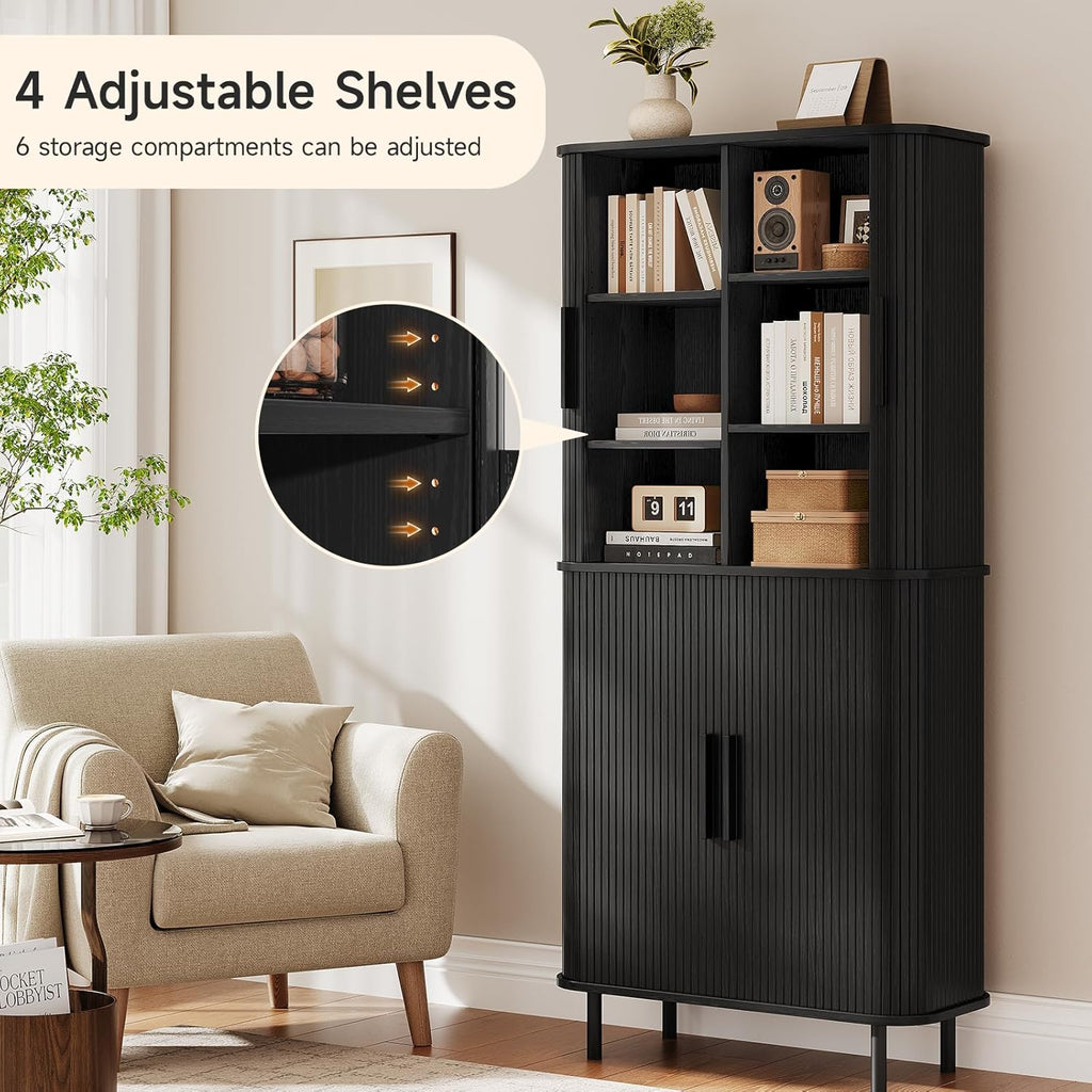 71" Tall Fluted Pantry Cabinet, Mid-Century Modern Kitchen Pantry Storage Cabinet with 2 Pegboards, 10 Hooks, Freestanding Cupboard with 4 Adjustable Shelves, Sliding Doors (Black)