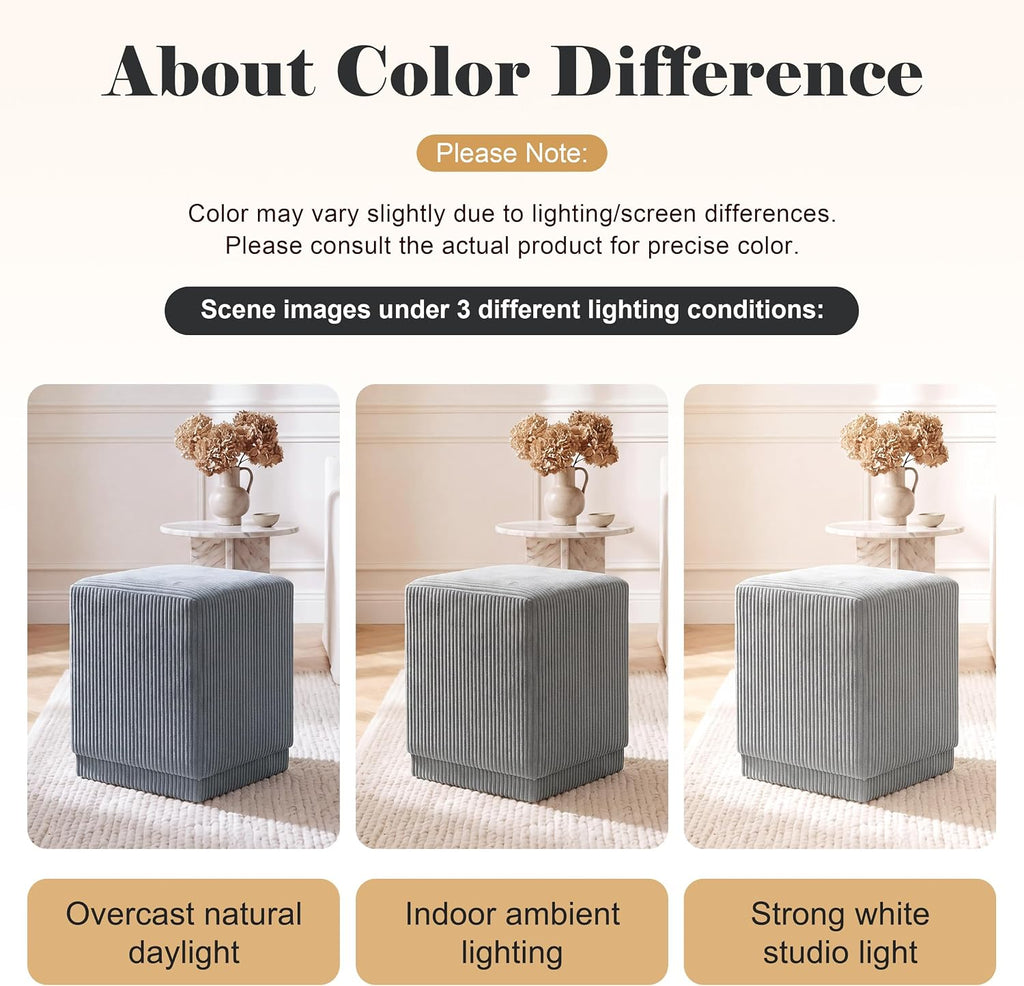 Homebeez Modern Square Ottoman, Vertical Channel Tufted Foot Stool Ottoman, Corduroy Velvet Upholstered Vanity Stool for Makeup, Bedroom, Living Room, Light Gray