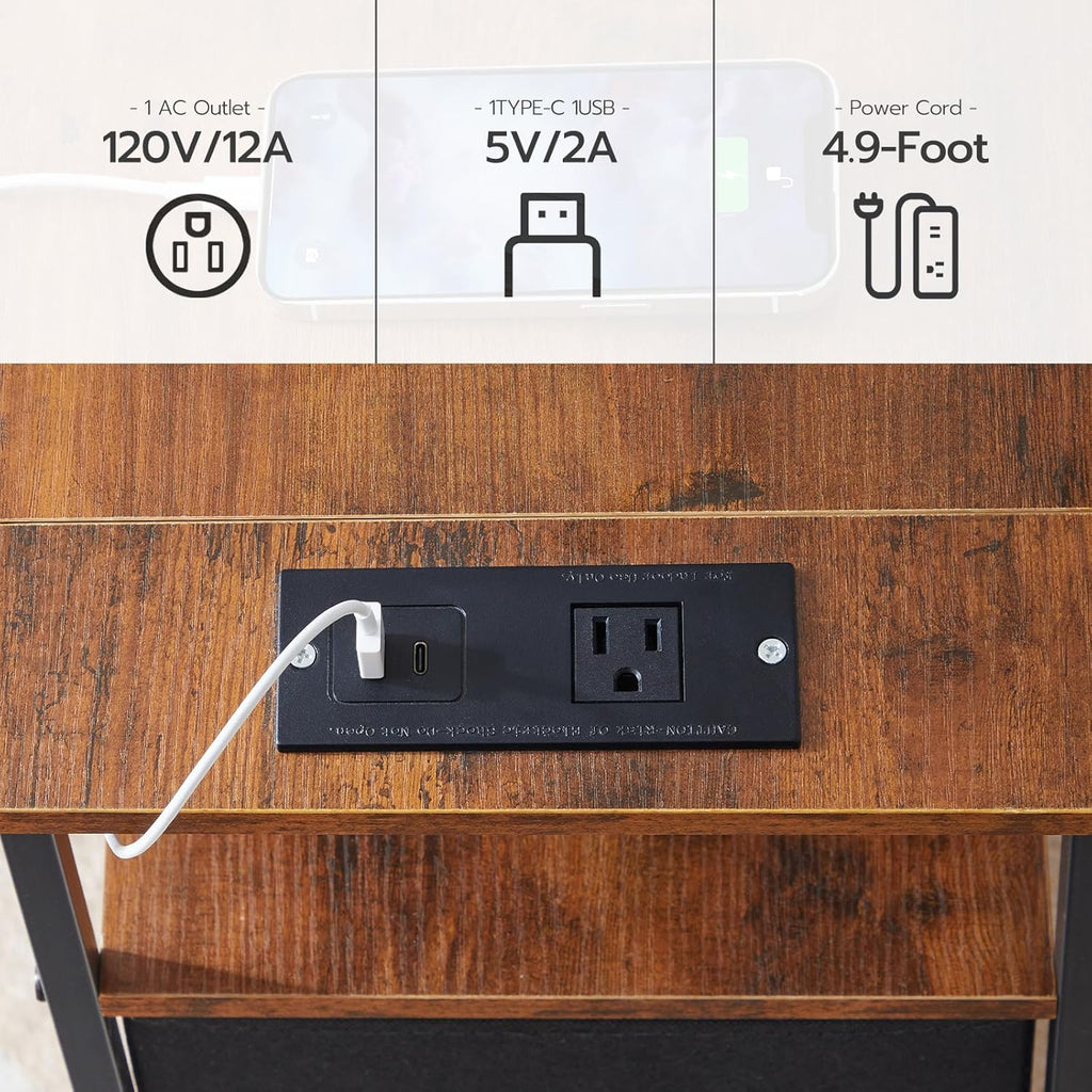 HOOBRO End Table with Charging Station, Narrow Side Table, Nightstand with 2 Non-Woven Drawers, Slim Sofa Side Table, for Small Spaces, Living Room, Bedroom, Rustic Brown and Black BF486UBZ01