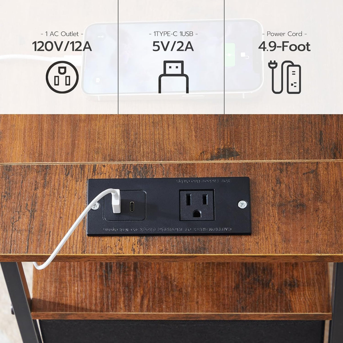 HOOBRO End Table with Charging Station, Narrow Side Table, Nightstand with 2 Non-Woven Drawers, Slim Sofa Side Table, for Small Spaces, Living Room, Bedroom, Rustic Brown and Black BF486UBZ01