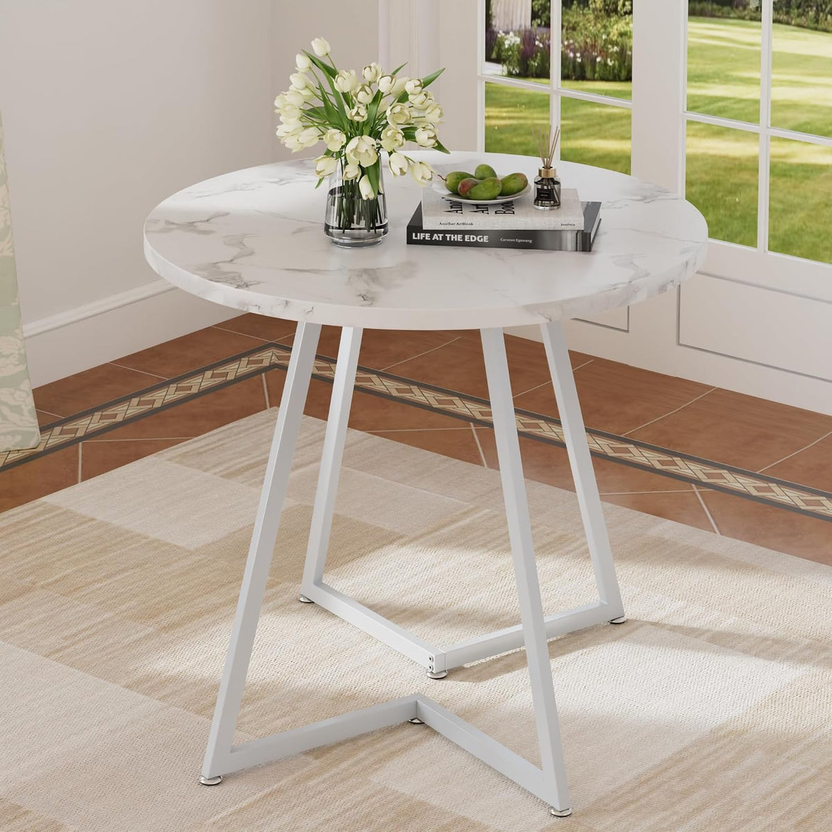 VECELO Round Dining Room Table with Wood Grain Tabletop and Steel Frame, for Kitchen, Living Room, Office, Conference, 2 to 4 Person, White Faux Marble