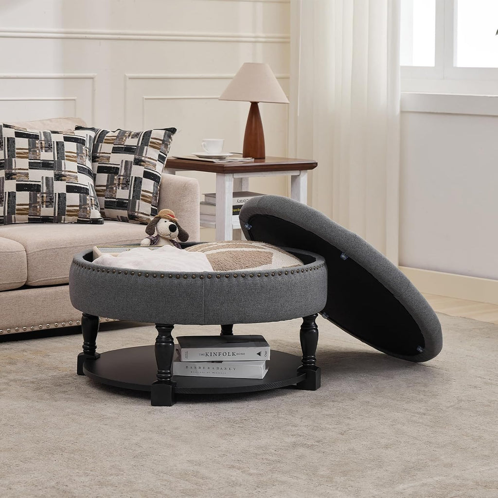 Round Storage Ottoman Coffee Table with Shelf, Fabric Dark Gray | Multi-functional gray tufted fabric ottoman coffee table with hidden storage, bottom shelf & classic nailhead trim