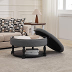 Round Storage Ottoman Coffee Table with Shelf, Fabric Dark Gray | Multi-functional gray tufted fabric ottoman coffee table with hidden storage, bottom shelf & classic nailhead trim