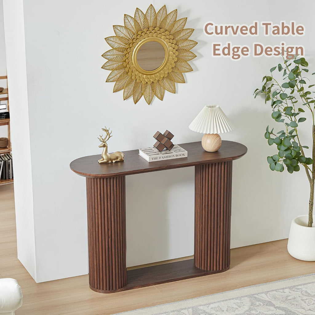 AVZEAR Fluted Entryway Console Table with Storage Shelf, Oval Curved Mid Century Couch Table Behind Sofa Console Tables Long and Skinny for Living Room Hallway Entrance Foyer, Walnut