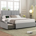 VECELO Queen Size Bed Frame with 4 Storage Drawers & Adjustable Headboard, Built-in Charging Station, Upholstered Bedframe with Wood Slats Support, Light Gray