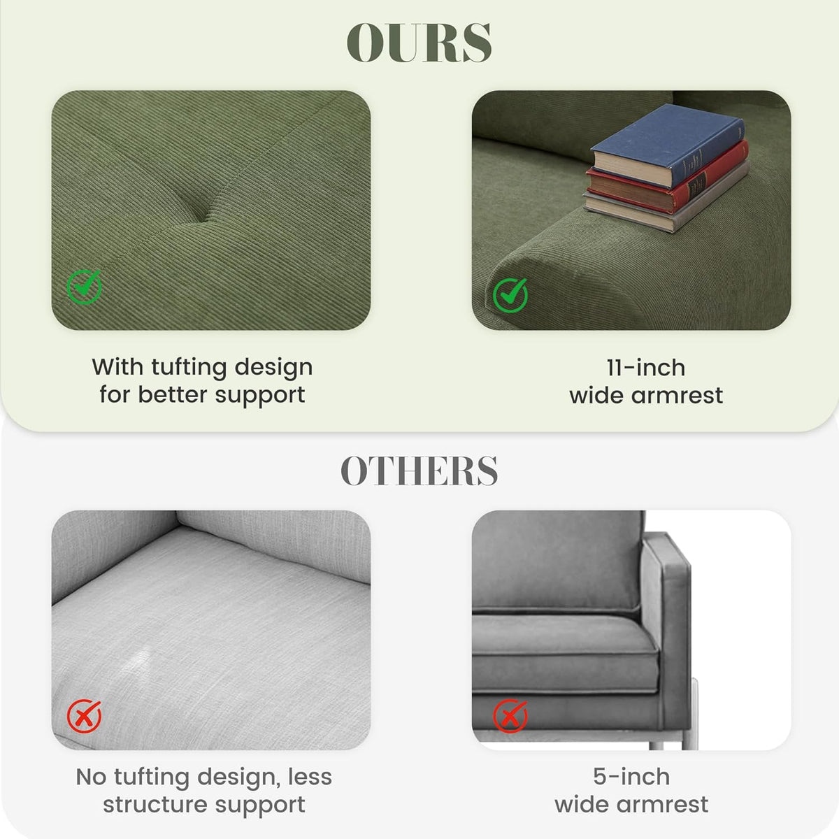 GRUSIGN 108'' Modular Sofa,Sectional Couch for Living Room | Tufted Oversized L Shape Deep Seat Sectional Sofa with Ottoman & 3 Throw Pillows,Corduroy Cloud Couch,Green