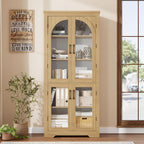 GarveeHome Kitchen Pantry Cabinet - 70" Tall Storage Cabinet with 4 Arched Glass Doors and Adjustable Shelves, Cupboard Organizers for Kitchen, Dining Room, Bathroom, Natural