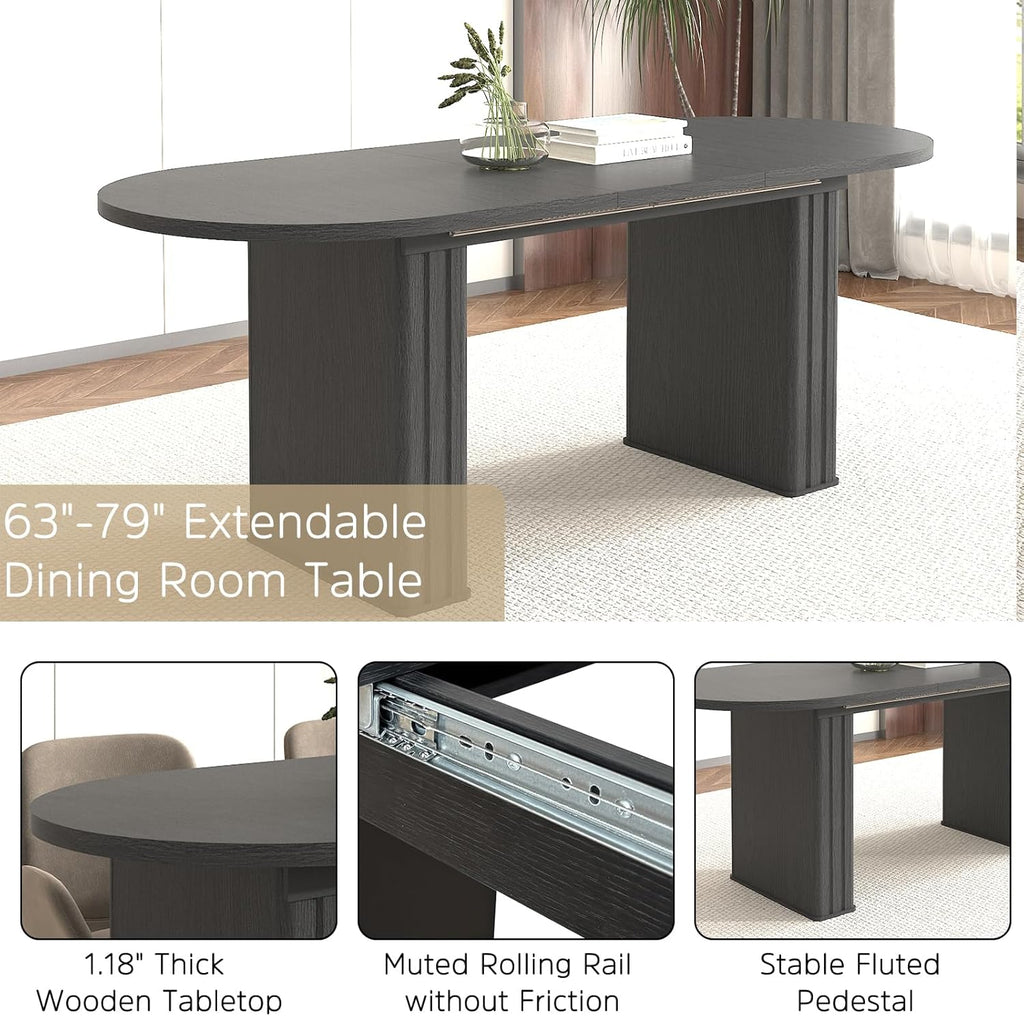 63"-79" Extendable Dining Table Set with 6 Beige Chairs, 7 Piece Oval Kitchen Dining Room Table Set for 6, Modern Space-Saving Expandable Large Dinner Tables Set with Double Pedestal Base,Black