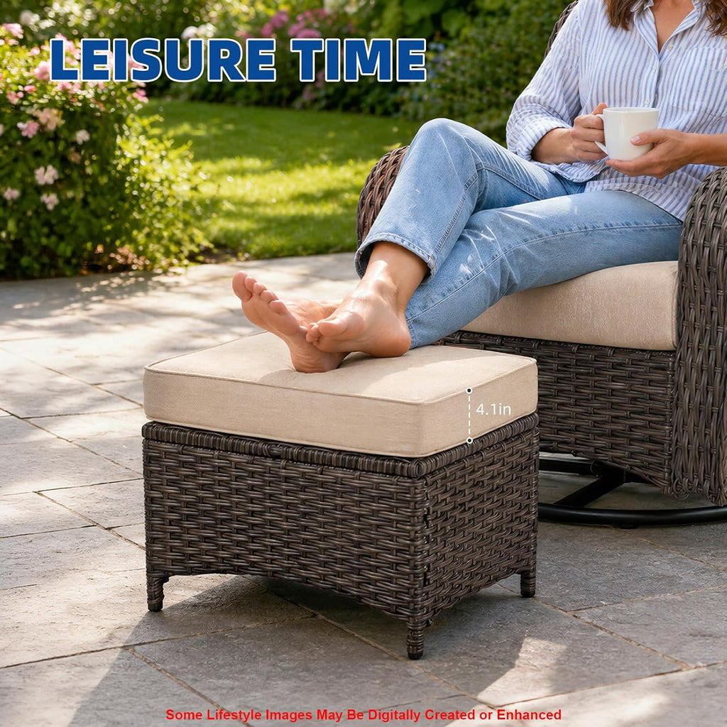 Outdoor Ottoman Set of 2, Rattan Patio Ottoman Footrest Seat with Thickened Cushions, for Yard, Poolside