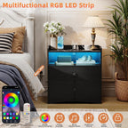 Memobarco 2 Pack Nightstand with Charging Station and LED Light, Black | Modern Nightstand, USB Ports, Outlets, Wooden Bedside Table, 2 Storage Drawers, Small Dresser, Bedroom, Small Space