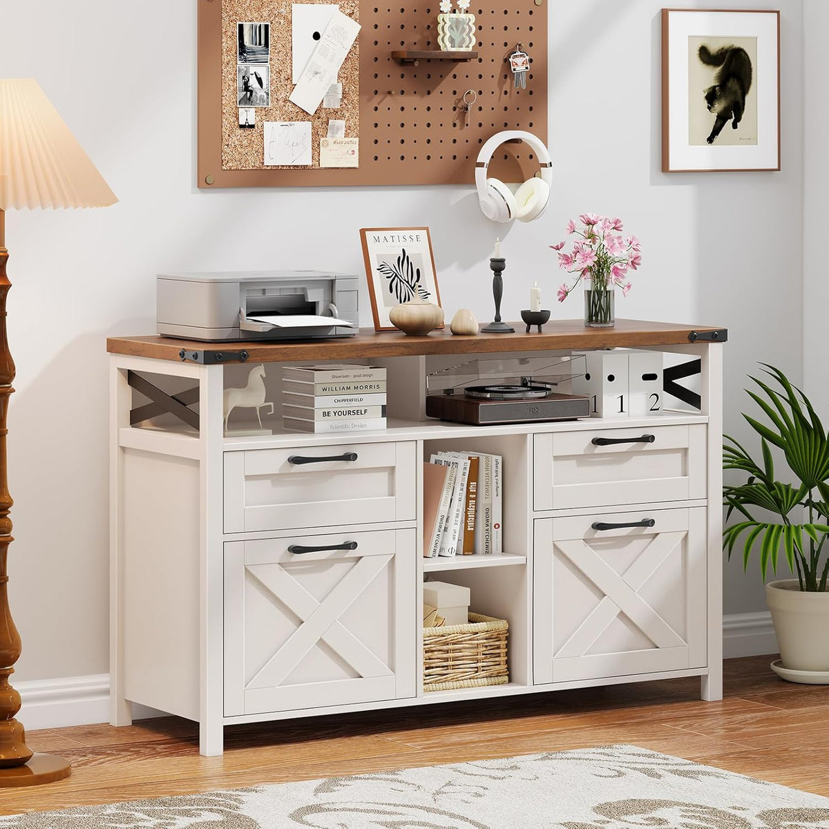 Halitaa Filing Organization Storage Cabinets 4 Drawer with Adjustable Shelf, Lateral Filing Cabinet with Open Storage Shelf for Home Office, Farmhouse File Cabinets for Hanging Files Letter/A4.White