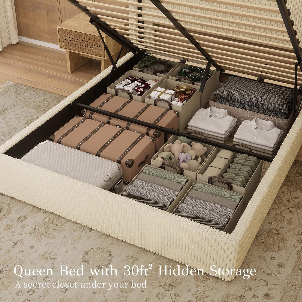 Yechen Queen Bed Frame with Lift Up Storage, 51.2" Tall Headboard and Upholstered Wingback Platform Bed Frame, Hydraulic Support, No Box Spring Needed, Beige Corduroy
