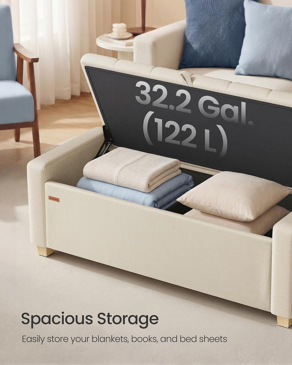 SONGMICS Storage Ottoman, 48 Inches Long Bed End Stool, Solid Wood Legs | Buttons Decoration, Non-Slip Foot Pads, 661.4 lb Load Capacity, Summer Sand, MACEO Collection ULOM511LF01