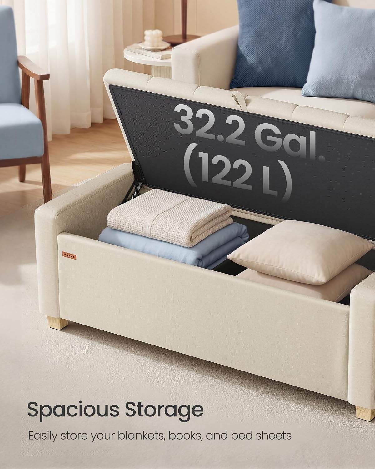 SONGMICS Storage Ottoman, 48 Inches Long Bed End Stool, Solid Wood Legs | Buttons Decoration, Non-Slip Foot Pads, 661.4 lb Load Capacity, Summer Sand, MACEO Collection ULOM511LF01