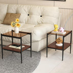 Glass End Table Set of 2, Rectangle Living Room Sofa Side Table, with BrownTempered Glass Tabletop,Black Iron Leg and Brown MDF Layer,for Living Room, Bedroom and Office, Brown