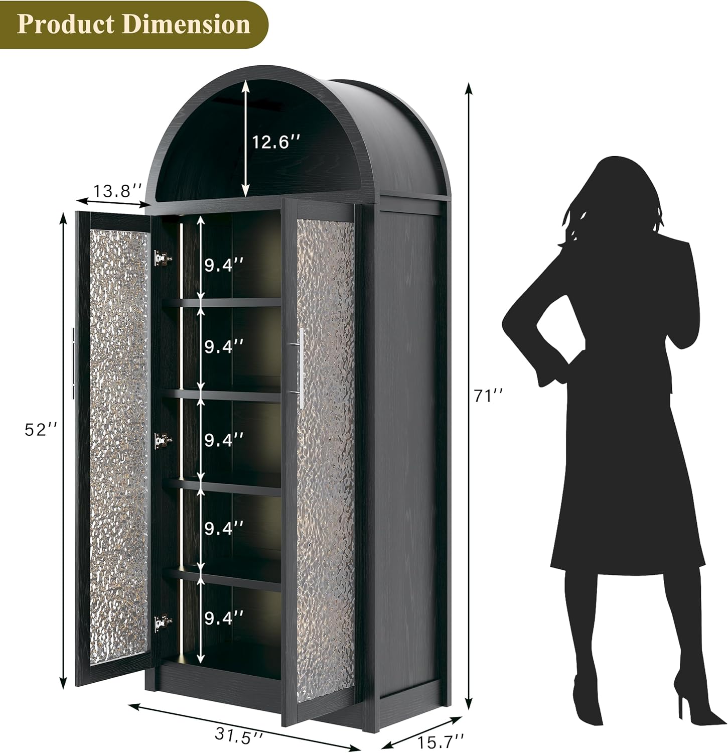 HUAHUU Arched Kitchen Pantry Cabinet, 71" Tall Pantry Storage Cabinet with 2 Doors, 5 Shelves, Arched Top, Modern Freestanding Cupboard for Kitchen Dining Room, Bedroom, Black