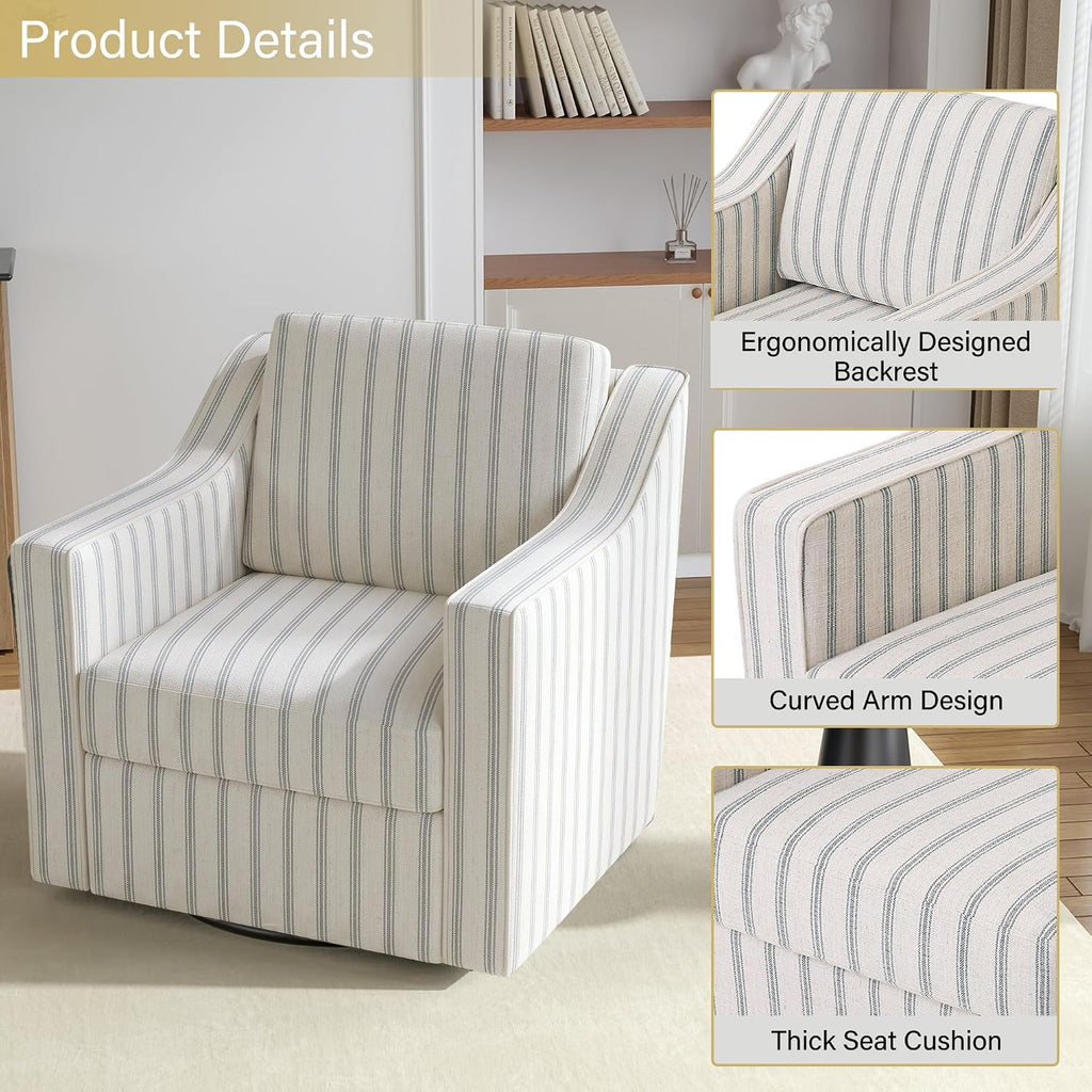 Swivel Accent Chairs Set of 2, 360° Swivel Upholstered Club Armchairs for Living Room, Comfy Reading Chair with Deep Seat, Metal Swivel Base, Pinstripe Light Blue