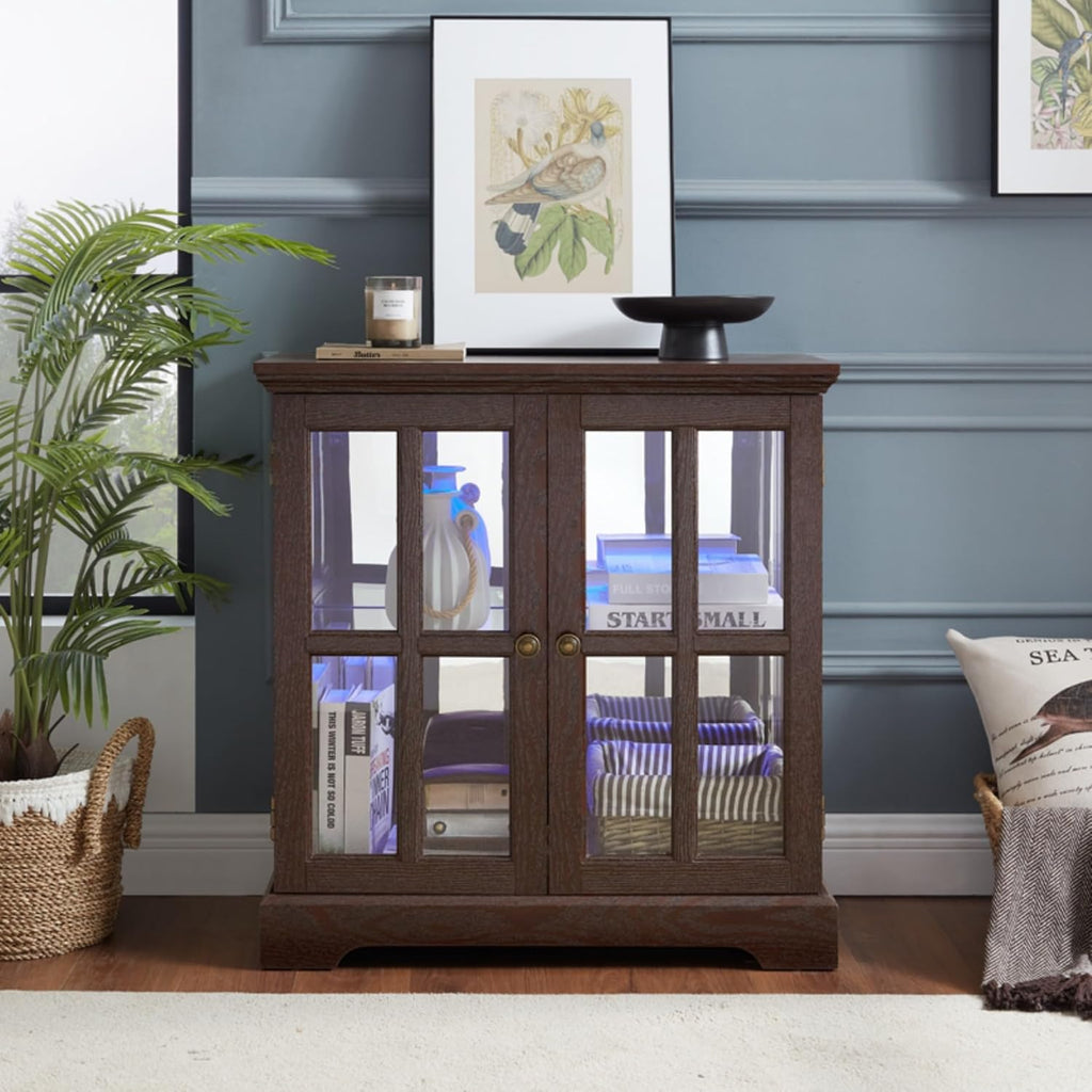 32" H LED Accent Curio Cabinet with 7 Color Lights for Collectibles, Modern Storage Cabinet with Tempered Glass Doors, Sideboard Buffet Case with Smartphone-Controlled Lights (Dark Cherry)