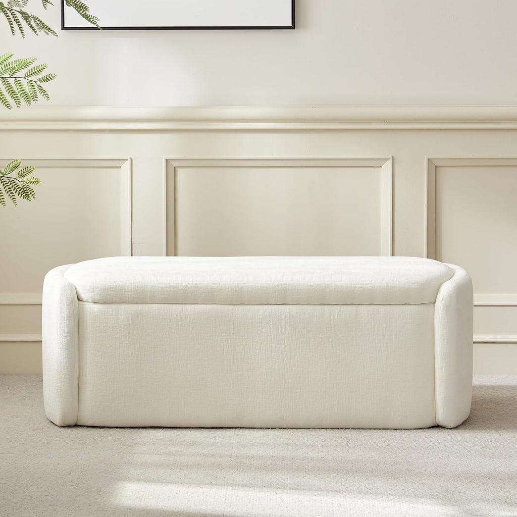 VKNOW Storage Bench, Upholstered Storage Ottoman Bench with Hinge, Cream | Ottoman Bench with Large Capacity, Curved Frame, Soft Fabric, Storage Bench for Bedroom, Living Room, Entryway