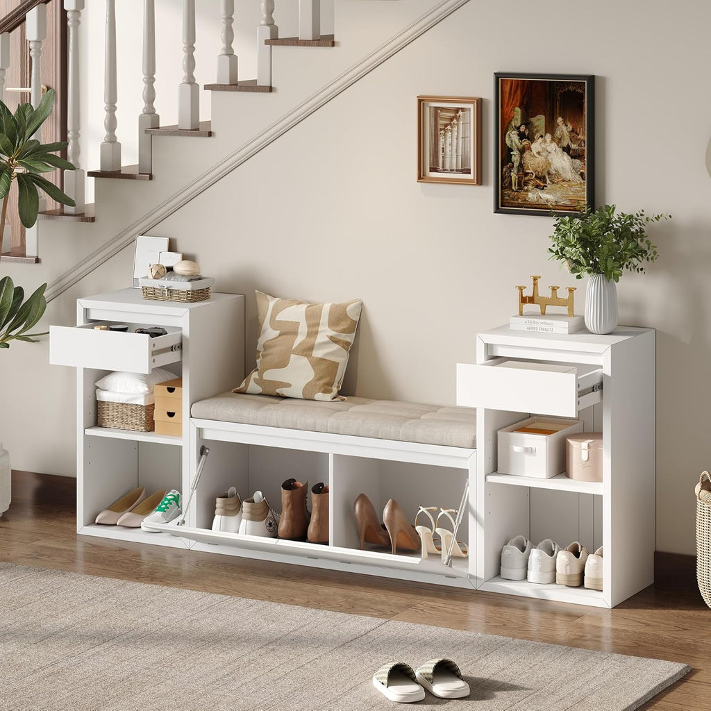 Entryway Bench with Shoe Storage, Solid Wood Shoe Bench with Cushion and Drawers, Open Shelves, Storage Bench for Entry Way, Living Room, Hallway, White