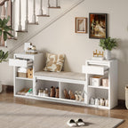 Entryway Bench with Shoe Storage, Solid Wood Shoe Bench with Cushion and Drawers, Open Shelves, Storage Bench for Entry Way, Living Room, Hallway, White