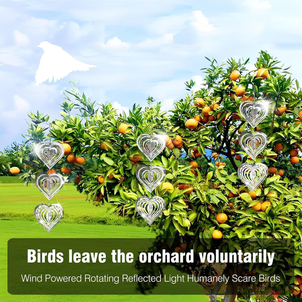 9 Heart Bird Scare Discs Set-Highly Reflective Double-Sided Bird Reflectors, Stainless Steel Wind Spinner with 360° Rotating Hook, Mirrored Wind Chime Decor for Yards, Gardens, Balconies & Orchards
