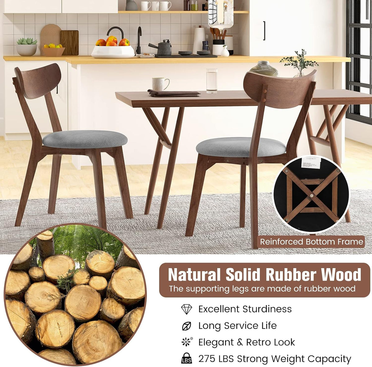 KOTEK Dining Chairs Set of 2 with Rubber Wood Legs | Mid Century Modern Kitchen Chairs with Cushioned Seat, Curved Backrest, Wooden Side Chairs for Dining Room, Living Room