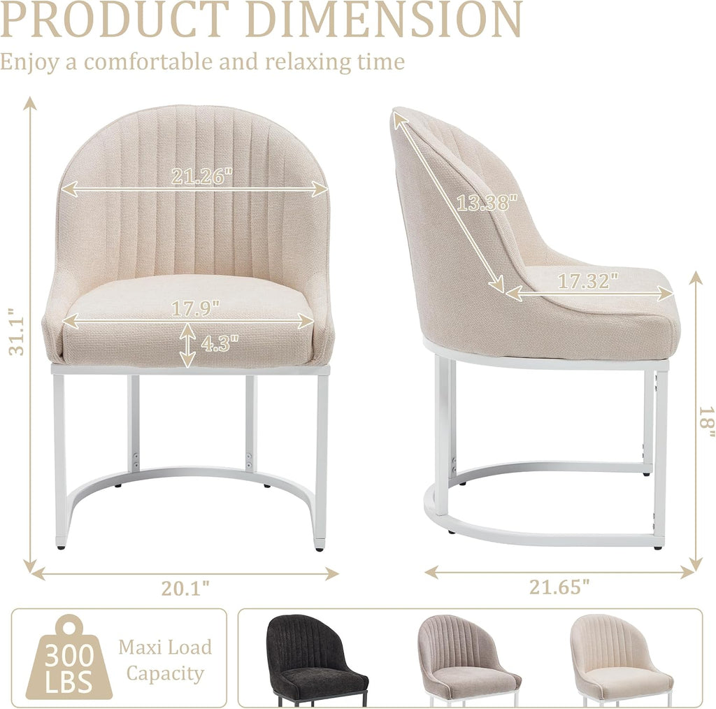 Linen Dining Chair Set of 4, Modern Upholstered Kitchen Chair with White Metal Legs, Kitchen & Dining Room Chairs for Restaurant/Bedroom/Living Room (Beige+White, Set of 4)