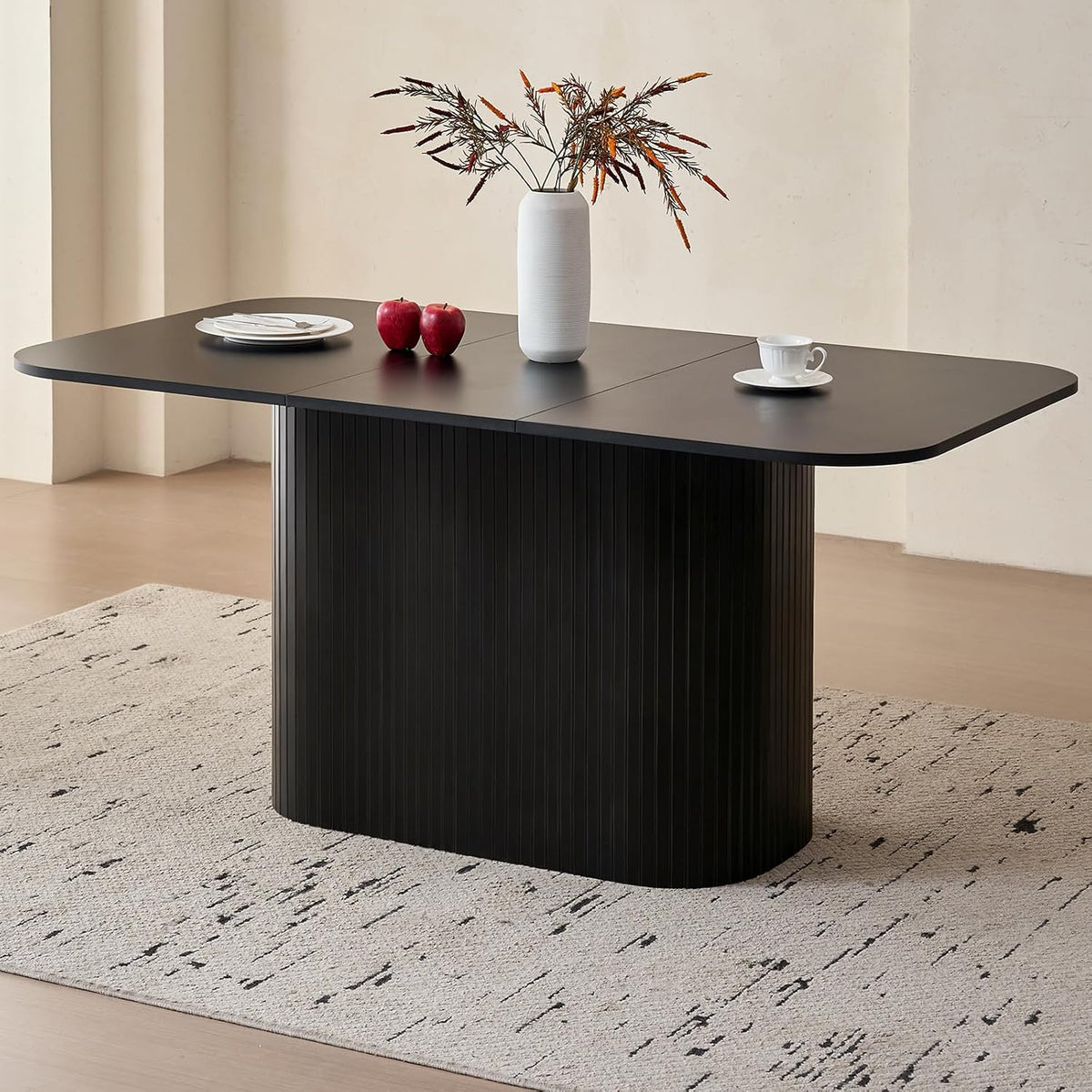 63" Large Oval Corners Dining Table for 4 6, Black | Rounded Corners Metal Frame Grooved Pedestal Base Modern Rectangle Kitchen Dinner Dining Table Wood-Patterned Surface