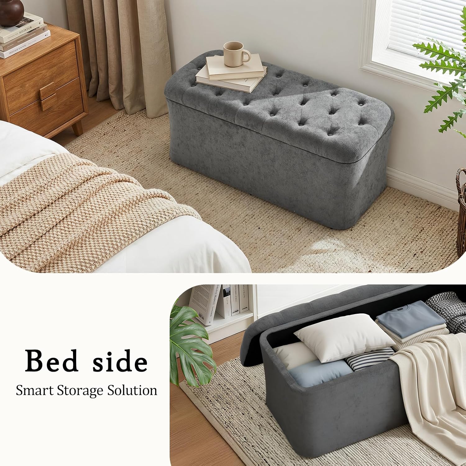 ONBRILL Storage Ottoman Bench, End of Bed Bench, 39.8 x 18.1 x 17.7 Inches Pouf Ottoman Foot Rest, Storage Benches Chest for Bedroom Entryway Living Room, Max 330 lbs, Grey
