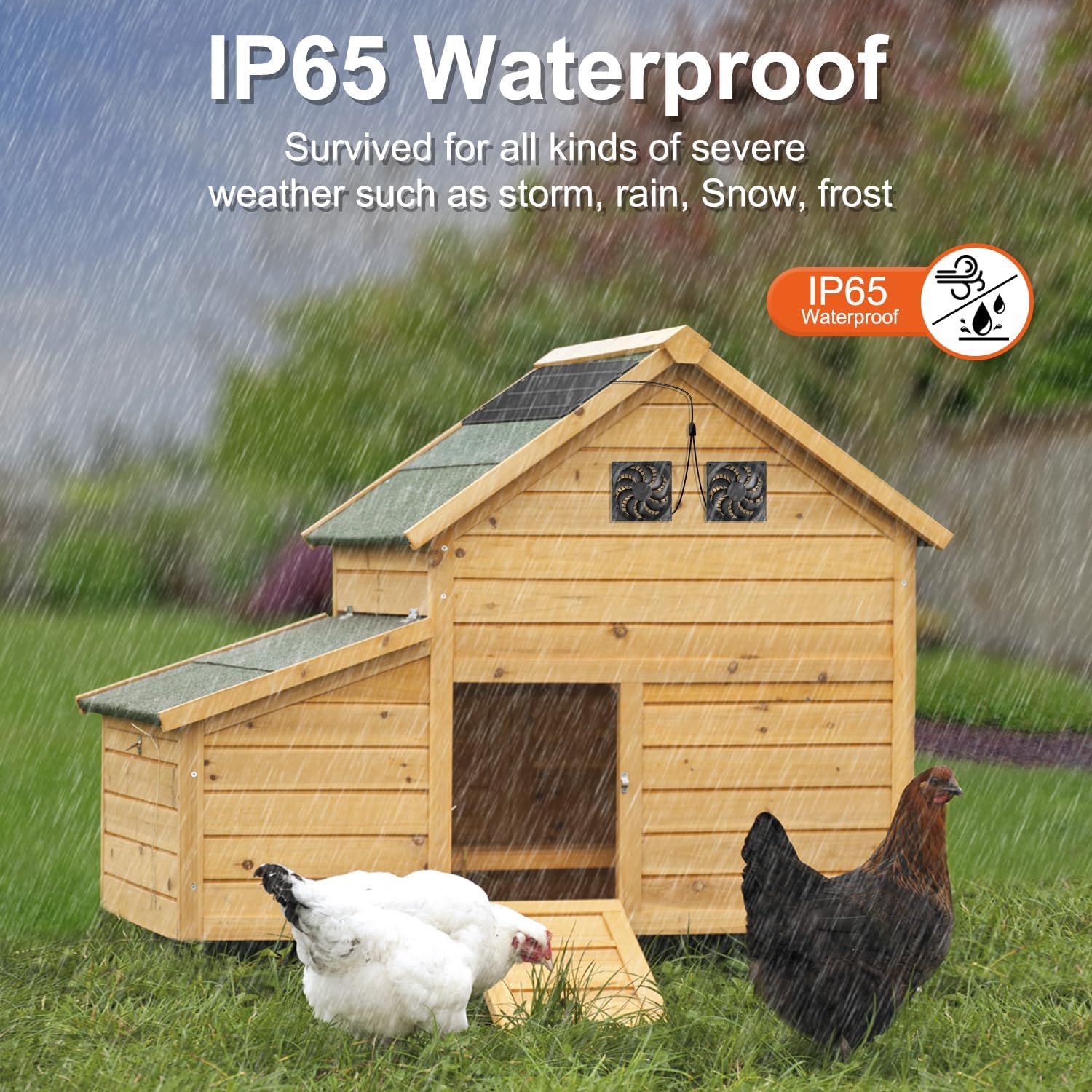 Solar Powered Fan Kit 12.6 Inch IPX7 Weatherproof, 15W Solar Panel with 2 Waterproof Fans, Intake or Exhaust Air Fan for Outside Backyard Chicken Coops, Greenhouses, Doghouse