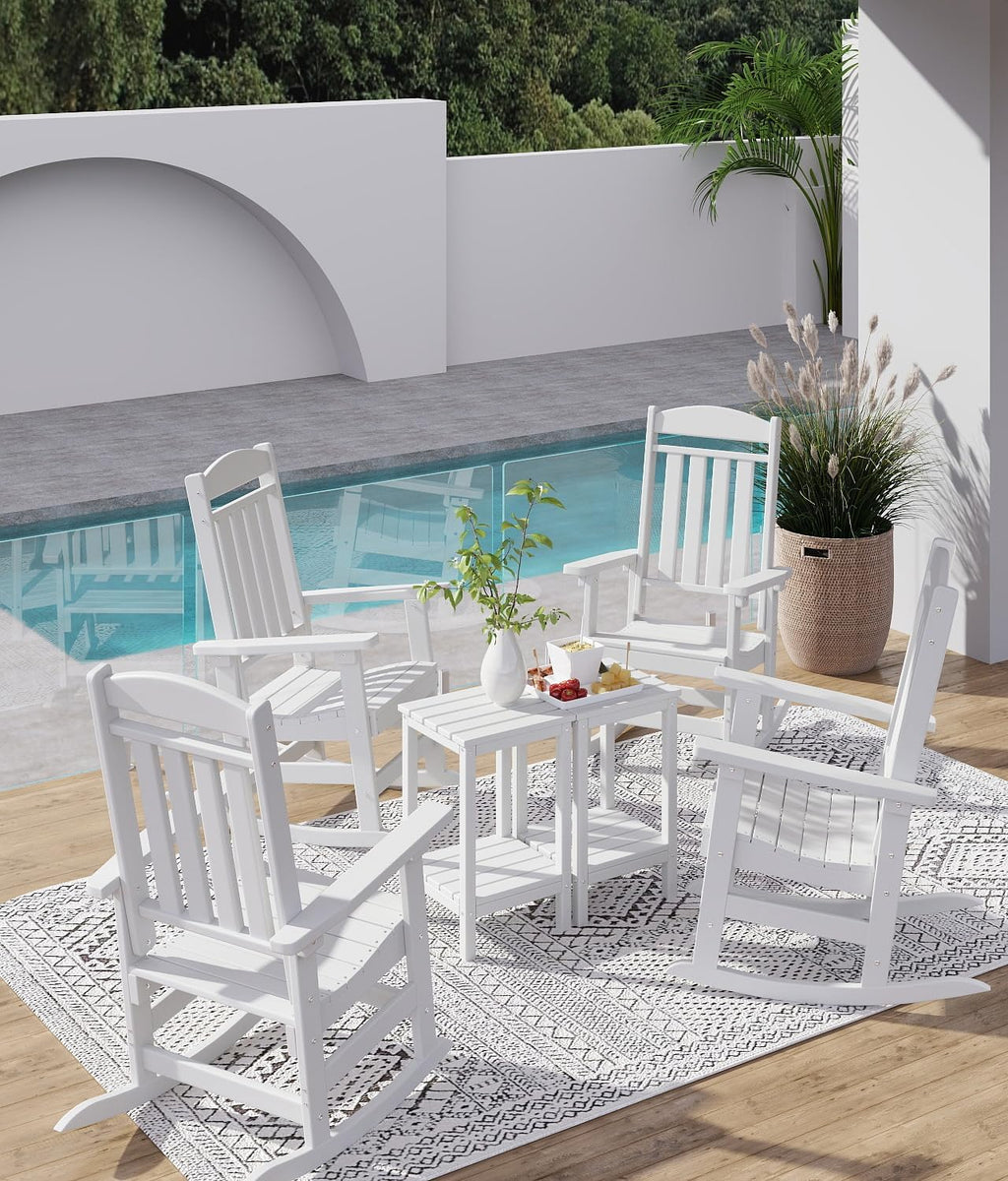 FOOWIN 3-Piece Outdoor Rocking Chairs Set, High Back Patio Rocker with Side Table, HDPE All Weather Resistant Oversized Rocking Chairs for Indoors, Porch, Patio, Backyard, White