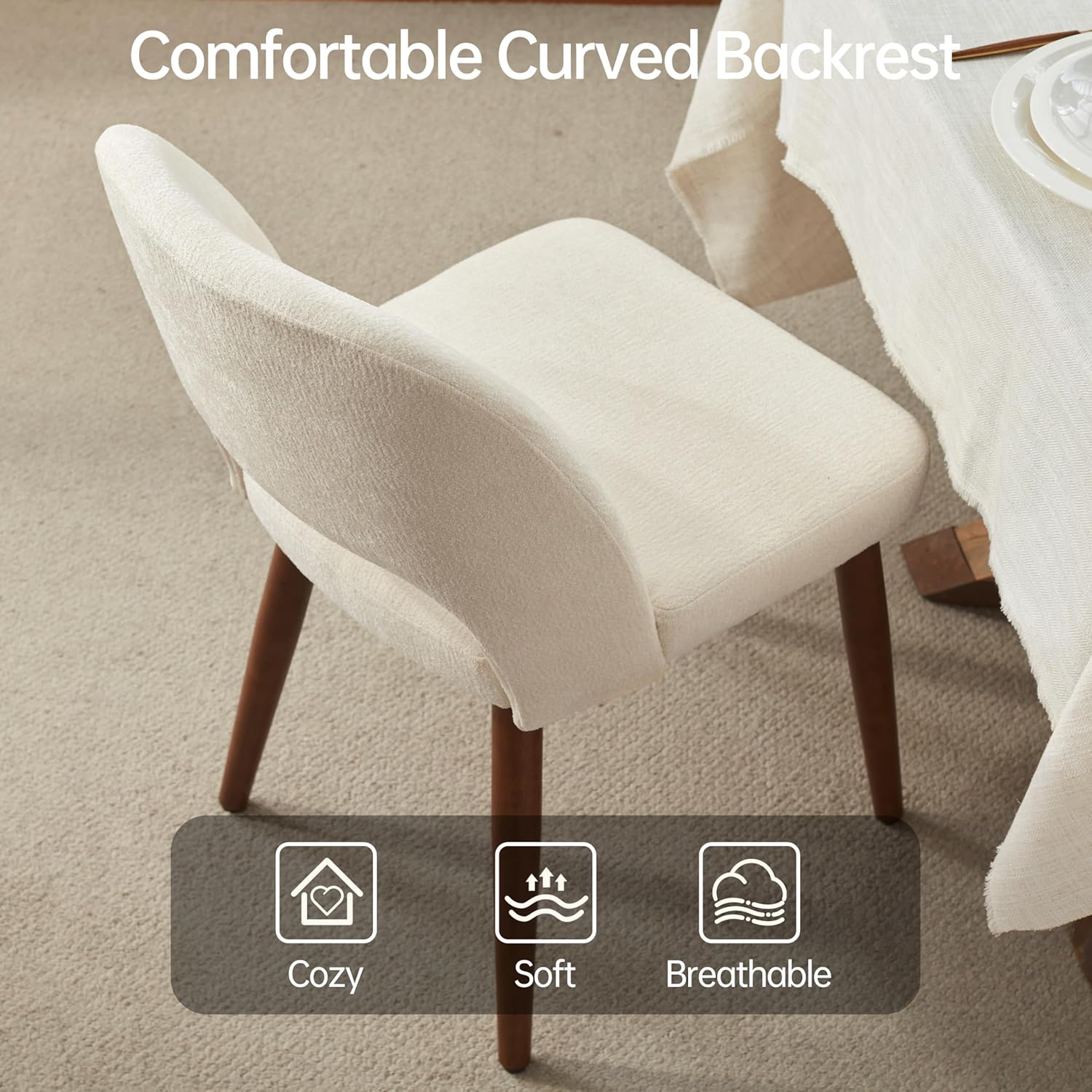 Usaint Wooden Dining Chairs Set of 2, 19.3" Modern Fabric Upholstered Dining Room Chair with Ergonomic Curved Backrest for Kitchen Dining Room and Restaurant, Beige