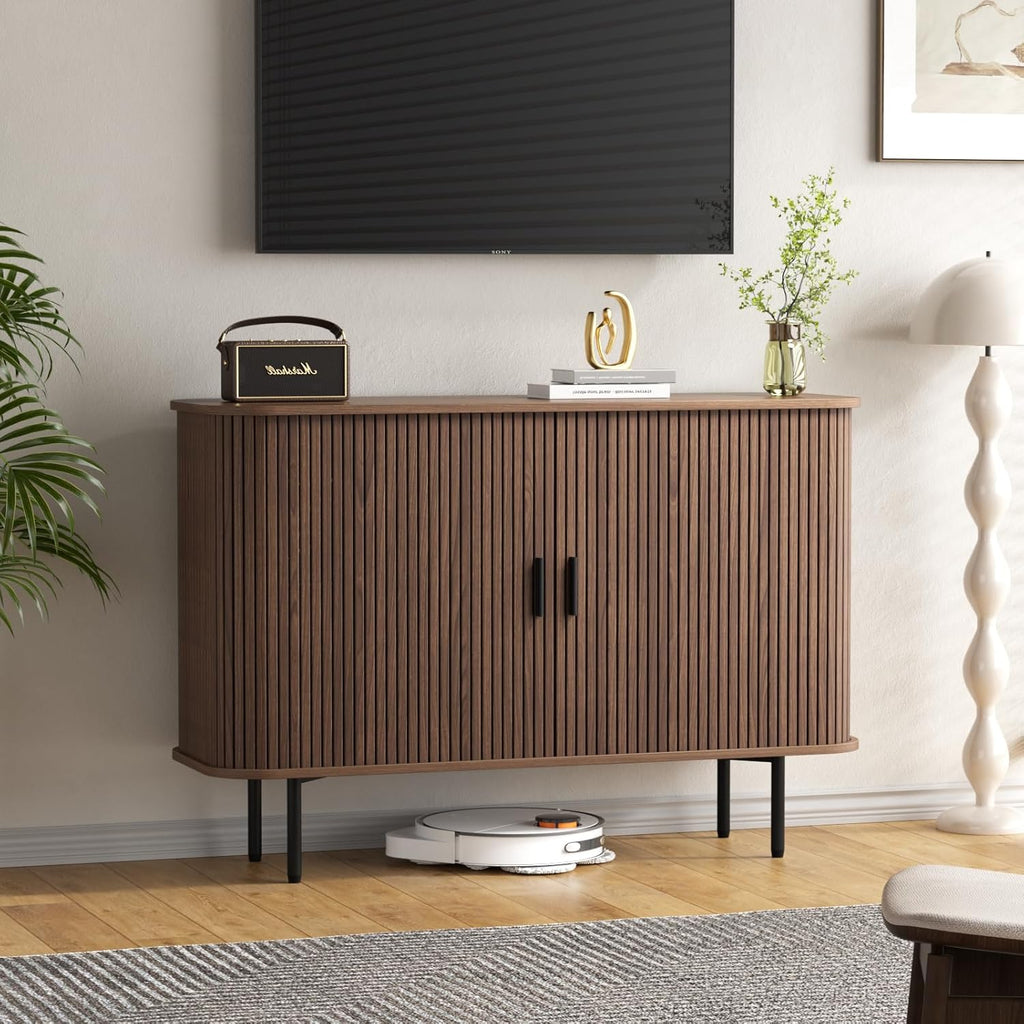 FiveWillowise 47''W x 32''H Buffet Sideboard Cabinet with Storage, Fluted Storage Accent Cabinet with Curvy Edge, Sliding Door, Credenza, Console Table for Living Room, Kitchen, Walnut