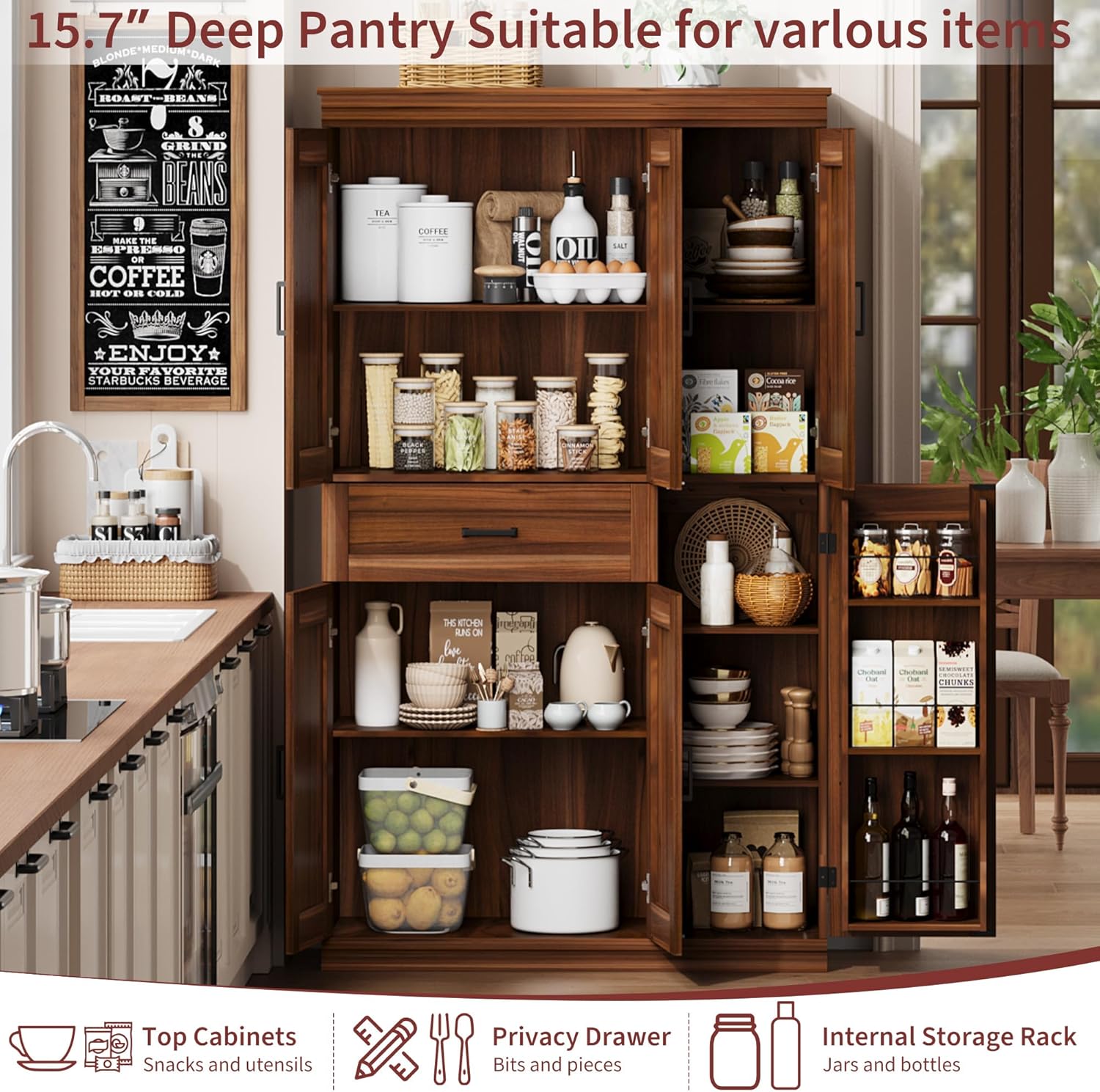 Garvee 70" Tall Kitchen Pantry Storage Cabinet, Modern Kitchen Hutch Cabinet with Doors and Shelves, Freestanding Food Pantry with Large Storage Drawer for Dining Room and Household Organization