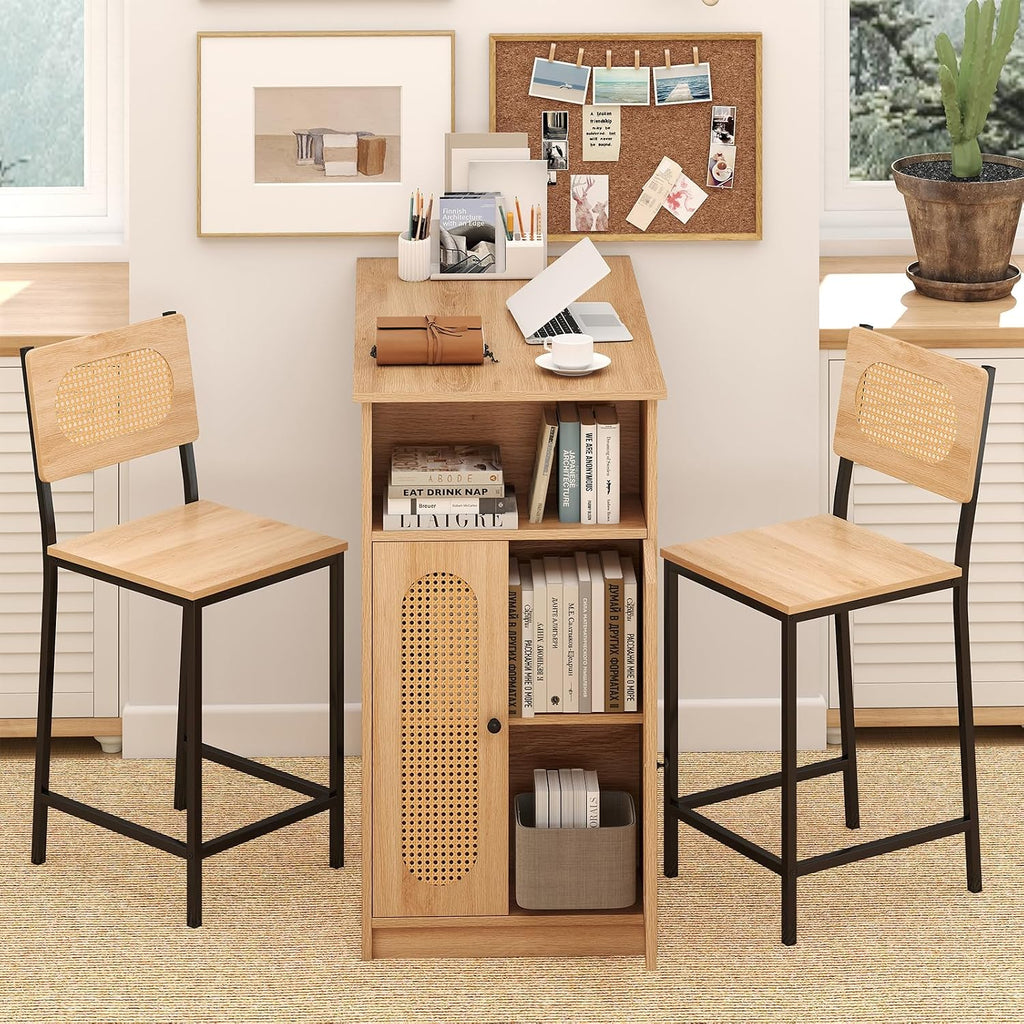 Tangkula 3-Piece Counter Height Bar Table Set, Kitchen Table with 2 Bar Stools & Storage Shelves, Breakfast Table Set with Backrests & Footrests, Rectangular High Top Pub Table with Chairs for 2