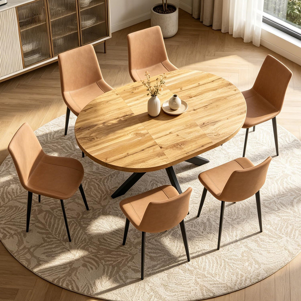 7-Piece Extendable Round Dining Table with Chairs Set for 6, 43"-59" Kitchen Dining Table Set with Heavy Duty Leg for Dining Living Room Apartment(Oak Table + 6 Brown Chairs)